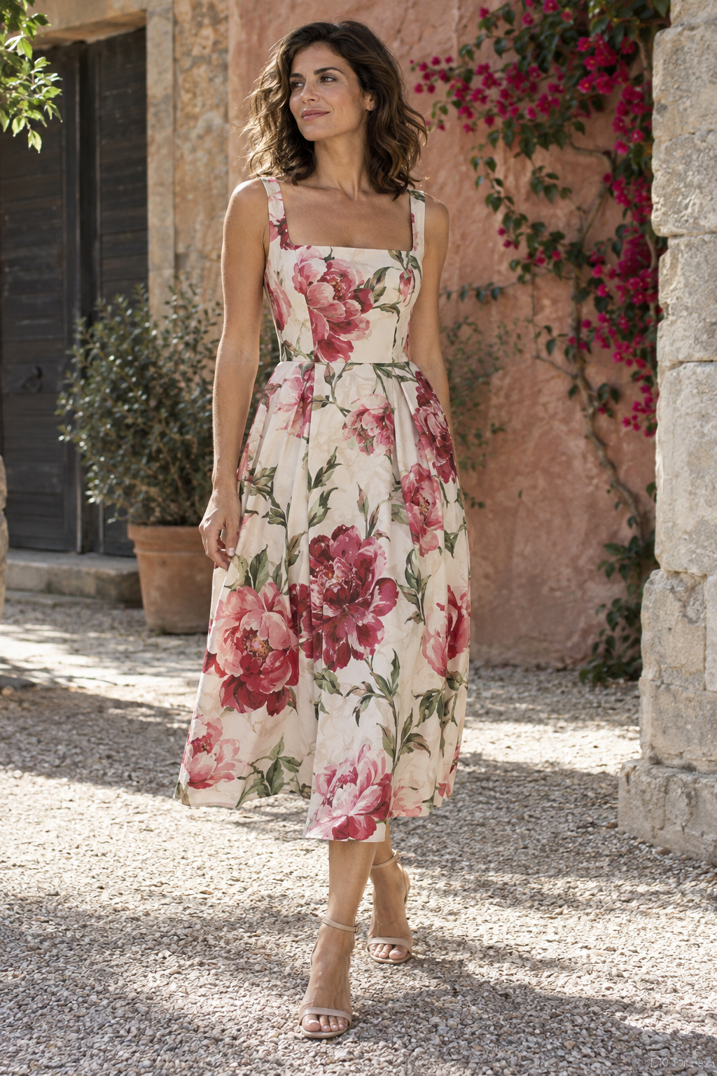 Pivoine : robe midi à grandes fleurs, portée dans une cour ensoleillée — inspiration virtuelle
